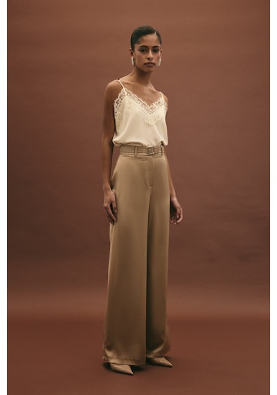 Sateen Kemer Detaylı Saten Pantolon - Vizon-136952 Vizon