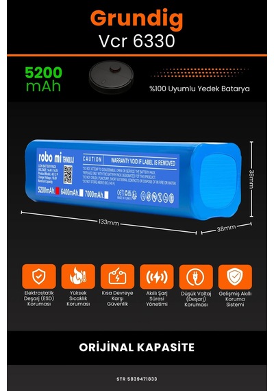 Grundig Uyumlu Vcr 6330 5200mAh Robot Süpürge Bataryası