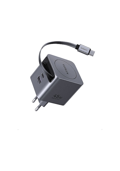 Ugreen 45w Makaralı Dahili Kablolu Gan Duvar Tipi Hızlı Şarj Cihazı Gri
