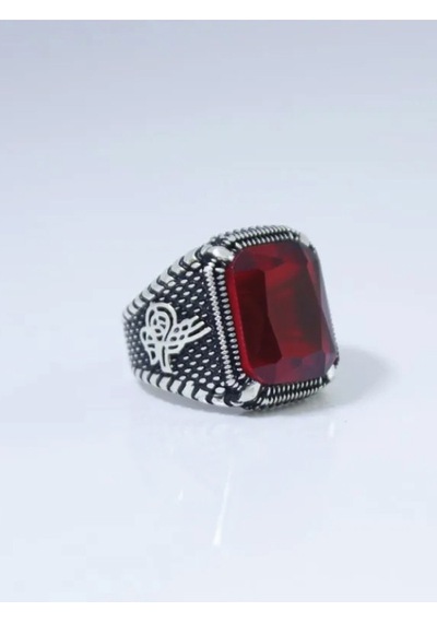 Gümüş Pençe Model Tuğra Desenli Kristal Kesim Kırmızı Taşlı Erkek Yüzük