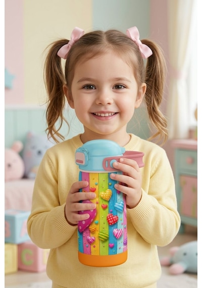 Puccon 420 Ml Paslanmaz Çelik Kız Çocuk Okul Termosu-matarası - 60015 - Pembe Kalp Desenli Pembe - Turkuaz