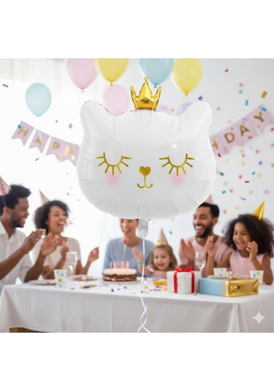 30 İnç Beyaz Kedi Kafası Taçlı Folyo Balon - Doğum Günü Parti Dekorasyon Balonu Çok Renkli