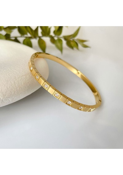 Taşlı Kararmaz Çelik Kelepçe Bileklik Gold - Çelik