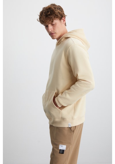 Grımelange Cartmel  Erkek Örme 3 Iplik Relaxed Fit Rahat Kalıp Kanguru Cepli Kapüşonlu Bej Sweatshirt