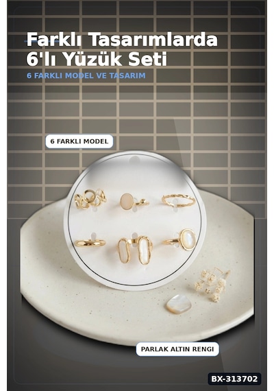 Parlak Pirinç 6 Parça Yüzük Seti, 7-8 Numara Bijuteri Aksesuar Hediyelik Bx-313702 Çok Renkli