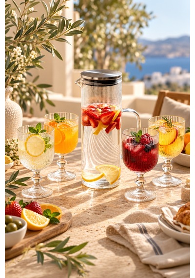 Porsima Borosilikat Metal Kapaklı Çizgili Cam Sürahi Ve 4'lü Ayaklı Meşrubat Kadehi Seti 1200 Ml Sürahi + 4x375 Ml Kadeh