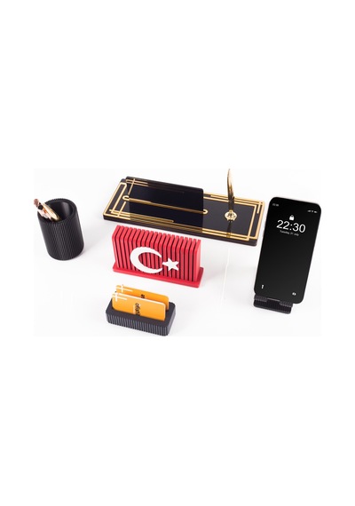 Vera Türk Bayraklı Gold Ahşap Masa İsimliği Seti Çizgi Desen Hediye Ofis Dekoratif Masaüstü İsimlik