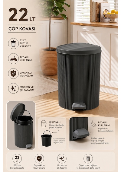 Porsima 0707 Still 22 Litre Pedallı İç Kovalı Çöp Kovası Antrasit Yuvarlak Mutfak Ve Banyo Çöp Kovası Yok