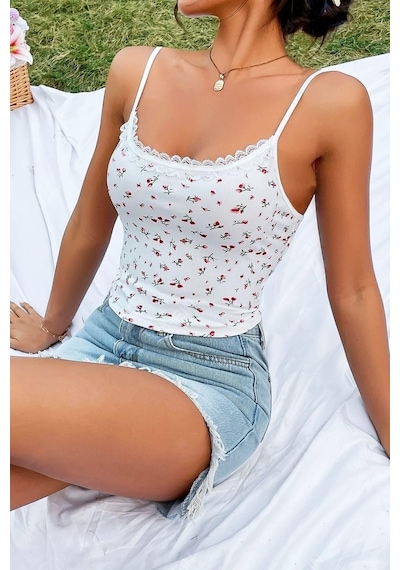 Bella Notte Retro Minimalist Desenli Crop Bluz Beyaz