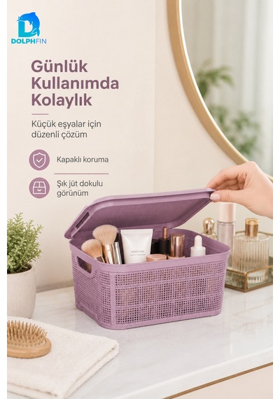Jute Kapaklı Saklama Kutusu 2,5 L Plastik Mutfak Kiler Dolap İçi Organizer Mor