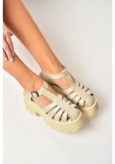 Fox Shoes Y272983109 Bej Kalın Tabanlı Kadın Sandalet Ayakkabı