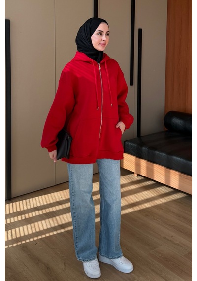 Balenbi Kadın 3 İplik İçi Polarlı Kapüşonlu Tesettür Basic Sweat Hırka 395 Kırmızı