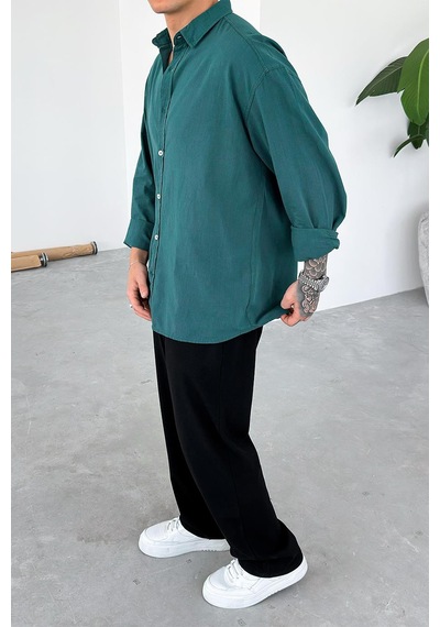 Koyu Yeşil Oversize Fresh Keten Gömlek Koyu Yeşil