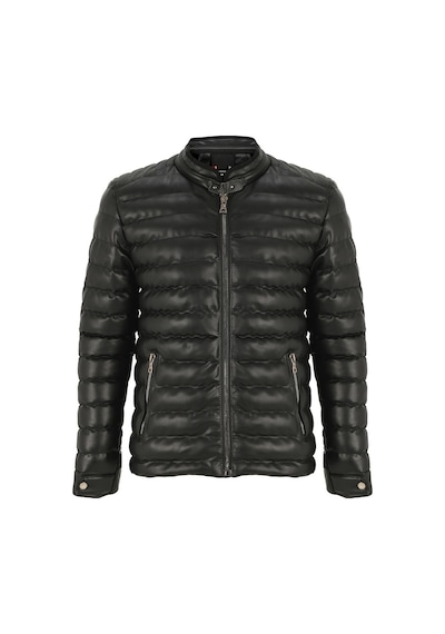 Oliggopol Erkek Siyah Slim Fit İçi Kürklü Şişme Deri Ceket & Mont Siyah