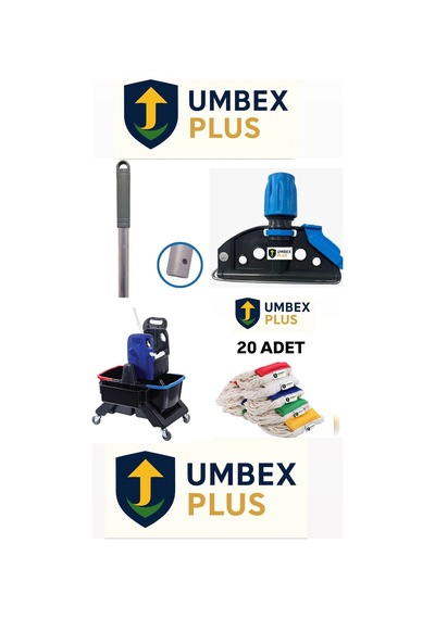 Umbex Çift Kovalı Plastik Temizlik Arabası Paspas Arabası Islak Mop Seti 20 Islak Mop