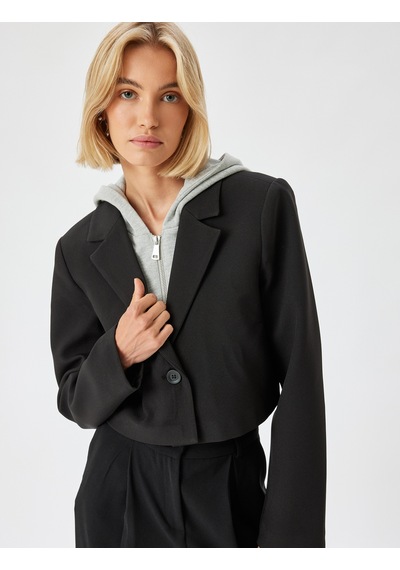 Koton Kapüşonlu Crop Blazer Ceket Kruvaze Düğmeli Siyah 5wak50052uw