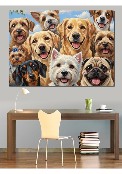 Ahşap Tablo Bir Arada Toplanmış Mutlu Köpekler Çocuk Odası Tabloları