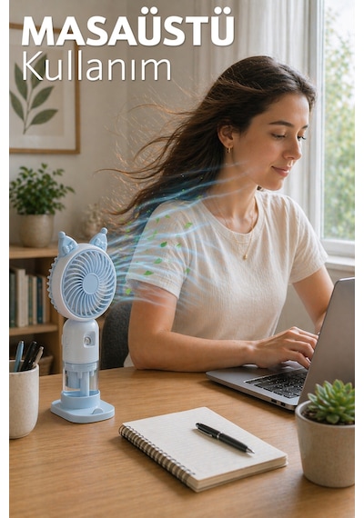 Buhar Üflemeli 3 Modlu Şarjlı El Fanı Seyahat Masaüstü Vantilatör Taşınabilir Mini Fan Mavi F830