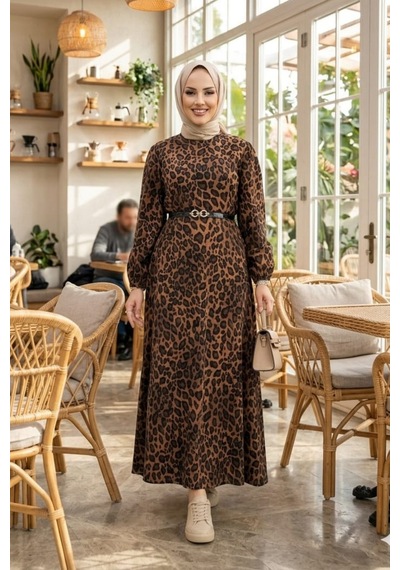 Hb Harma Time Butik Kadın Modal Kumaş Kemerli Leopar Desenli Elbise Kahverengi Kahverengi Hb Harma Time Butik Kadın Modal Kumaş Kemerli Leopar Desenli Elbise Kahverengi Kahverengi