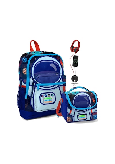 Coral High Okul Çantası Ve Termal Beslenme Çanta Seti - Erkek Çocuk Mavi Astronot Usb Ve Aux Çıkışlı