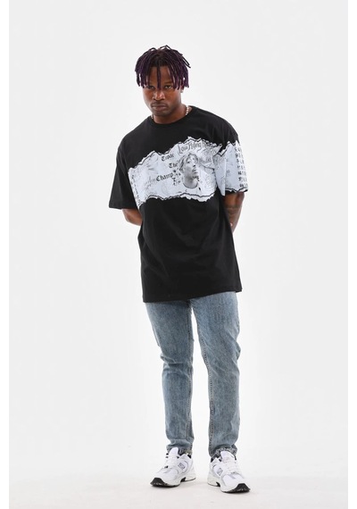 Ertaştrendstore Erkek Bisiklet Yaka Baskılı Oversize T-shirt - Siyah Çok Renk