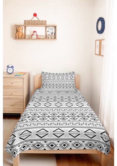 Siyah Geometrik Genç Odası Tek Kişilik Pike Takımı - Modern Etnik 160x220 Cm Kapitone Yatak Örtüsü Mumlu Adaçayı Uyumu