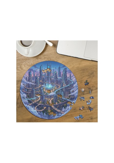 Fütüristik Şehir Tasarımlı Özel Kesim Yuvarlak 272 Parça Ahşap Puzzle Mpda752