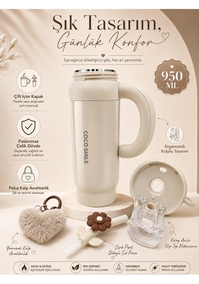 Cocosmile Cs-8826 Krem 950 Ml Çift İçim Paslanmaz Çelik Termos Mug
