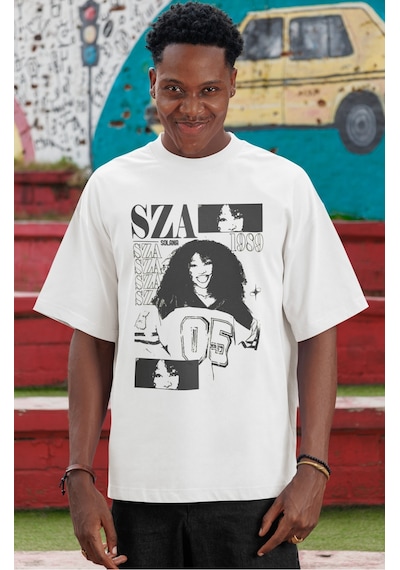 Sevbano Sza Rapper Şarkıcı Ön Baskılı Unisex Oversize Tişört Beyaz