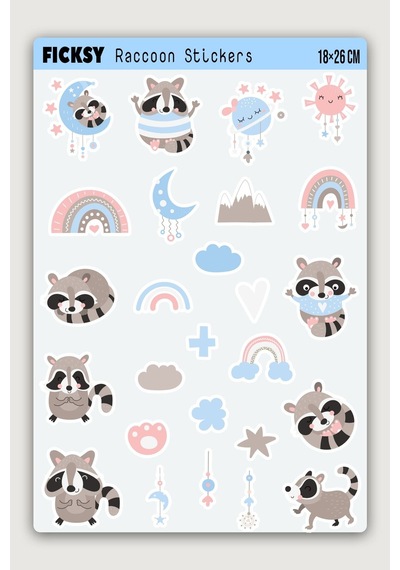 Sevimli Rakun Sticker Seti - 26 Adet Etiket Çıkartma Diğer