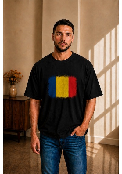 Sngl Tekstil Erkek Oversize Romanya Bayrak Baskılı Kısa Kollu Tişört S M L Xl 2xl Siyah