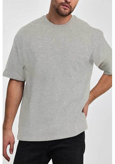 Medinenur Unisex Pamuklu Bisiklet Yaka Tişört Gri Melanj