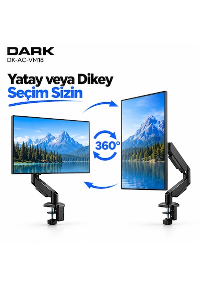 Dark VM18 13-32" 1 Adet Monitör Takılabilen, Amortisörlü, Dikey&Yatay Kullanım, Max.9KG Destekli, 360° Dönebilen, VESA, Masa Monte Monitör Kolu (DK-AC-VM18) Dark VM18 13-32" 1 Adet Monitör Takılabilen, Amortisörlü, Dikey&Yatay Kullanım, Max.9KG Destekli, 360° Dönebilen, VESA, Masa Monte Monitör Kolu (DK-AC-VM18)