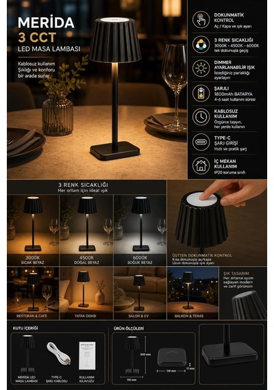 Merida Şarjlı Led Masa Lambası / 3 Renk 3000k-4500k-6000k Dimmer Ayarlı / Dokunmatik / Kablosuz / Type-c Şarjlı Çok Renkli Merida Şarjlı Led Masa Lambası / 3 Renk 3000k-4500k-6000k Dimmer Ayarlı / Dokunmatik / Kablosuz / Type-c Şarjlı Çok Renkli