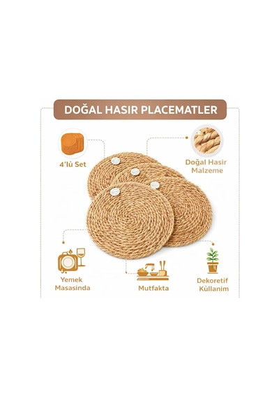 Ayrex Doğal Hasır Suple 4'lü Set Yuvarlak Amerikan Servis, El Yapımı Hasır Placemats, Kaymaz Dayanıklı Masa Altl Diğer