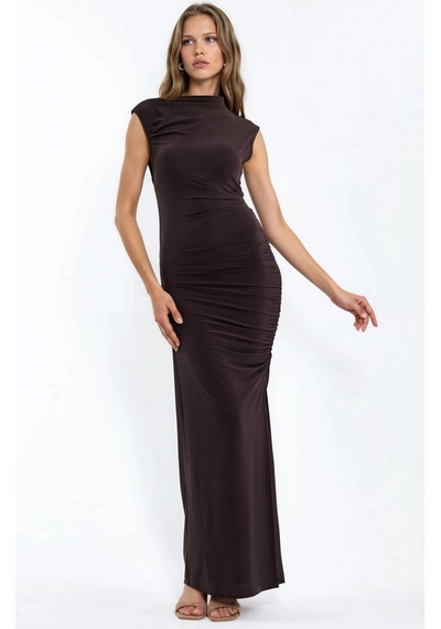 Hiccup Yırtmaç Detaylı Bodycon Sandy Maxi Elbise Mocha Kahvesi