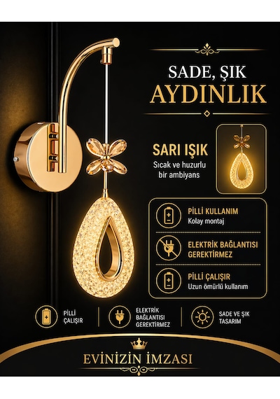 Yagmur Pilli Aplik Salon Oturma Odası Aplik Pilli Aplik Gold
