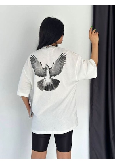 Flood Of Style Unisex Beyaz Güvercin Baskılı Oversize