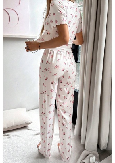 Bella Notte Ekru Çiçek Baskılı Süs Düğmeli Yazlık Pijama Takımı