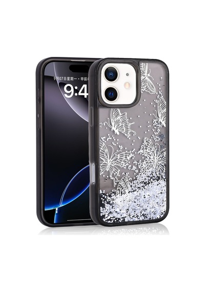 Apple iPhone Uyumlu 12 Kılıf Kelebek Desenli Simli Sıvılı Kamera Yükseltili Silikon Pazarplus Pembe