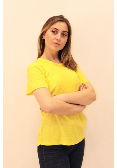 Rich Kadın Organik Bisiklet Yaka T-shirt %100 Pamuk Tişört Sari