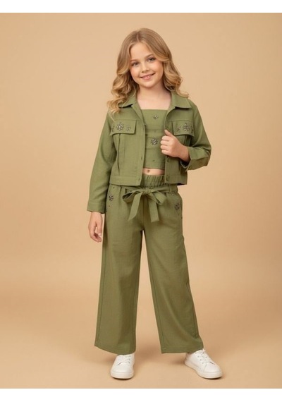 Zekids Kız Çocuk Taş İşlemeli Tasarım Ceket-17154 Yeşil