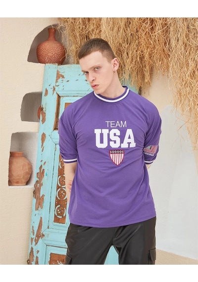 Nakış İşlemeli Ribanalı Oversize T-shirt - Mor Çok Renkli