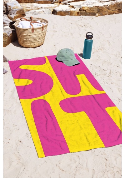 Modern Shit Yazılı Geometrik Plaj Havlusu - Fuşya Sarı Pop Art Hızlı Kuruyan Mikrofiber Havlu Ayaz Menekşe