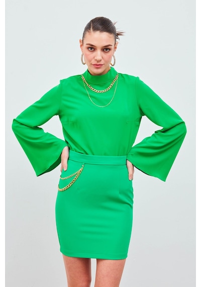 Sateen Zincir Aksesuarlı Mini Etek - Yeşil