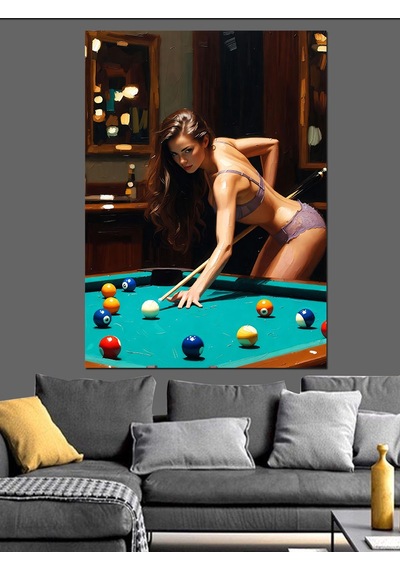 Ahşap Tablo Bilardo Oynayan Güzel Kadın
