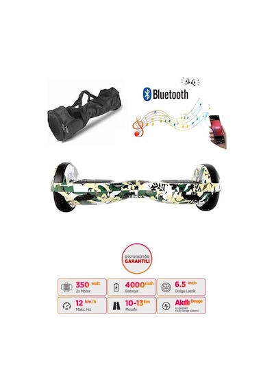 Citymate Elektrikli Kaykay Hoverboard 6.5 Inch Yeşil Kamuflaj Grafity Desenli Akıllı Denge +Çanta
