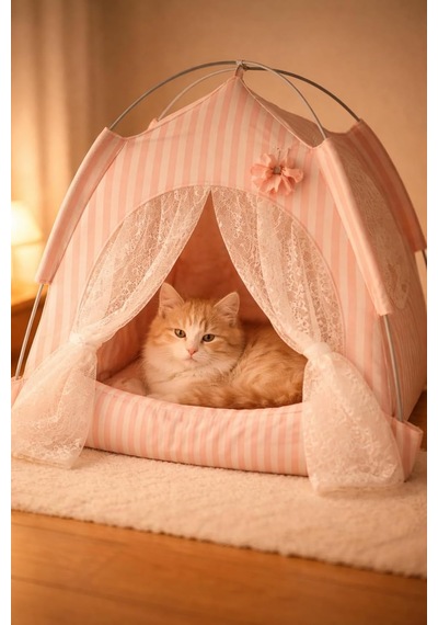 Katlanabilir Yazlık Kedi Evi File Panelli Taşınabilir Minderli Evcil Hayvan Çadırı 35x35x35 Cm İç Minderli Nefes Alabilir Taşınabilir Kedi Köpek Evi Konforlu Uyku Alanı Pembe