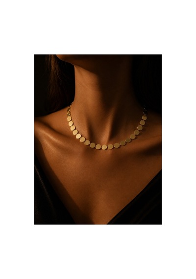 Hasır Dokulu Yuvarlak Pul Plakalı Choker 14 K Altın Kaplama Çelik Kolye
