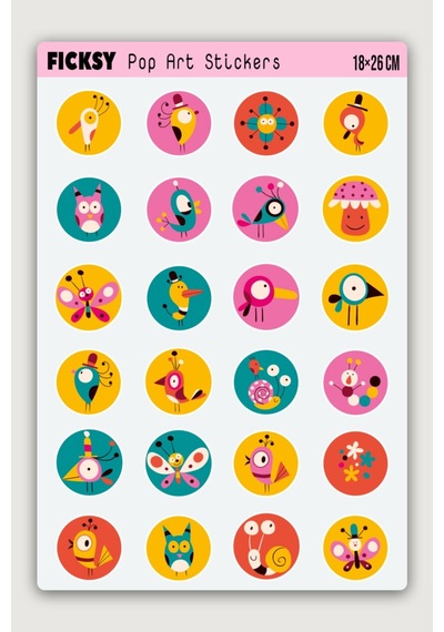 Sevimli Pop Art Stili Sticker Seti - 24 Adet Yuvarlak Etiket Çıkartma Diğer